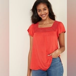 Old Navy Coral XL Square-Neck Lace-Trim Top